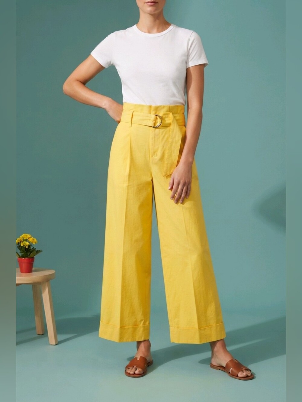 Banana Republic Petite Yellow Wide-Leg Belted Paperbag Pant